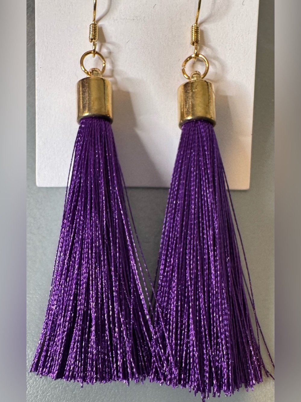 Purple Tassel Drop Earrings with gold tone accents statement earrings summer fun